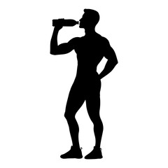Silhouette of a sport man drinking  a bottle of water or isotonic drink. vector illustration