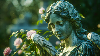 Fototapeta premium Image with background and place for caption and fragment of tragic sad angel statue at the cemetery. Funeral ceremony
