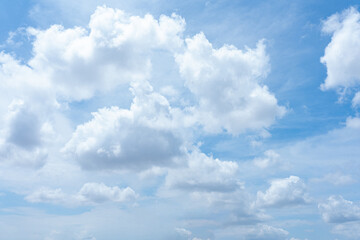 A bright blue sky with fluffy white clouds on a sunny day