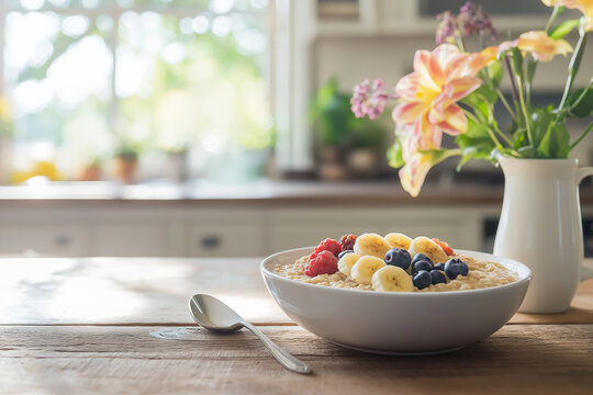 Nutritious breakfast oatmeal topped with fresh bananas, blueberries, and raspberries served in a white bowl on a wooden table in a bright, cozy kitchen with flowers in the background - Powered by Adobe