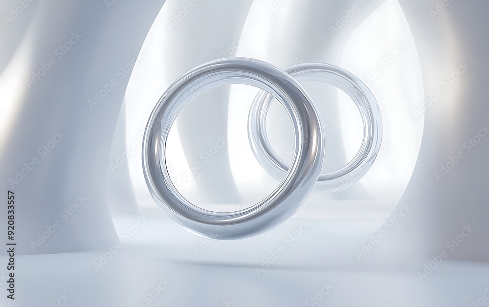 Poster 3d illustration of futuristic metallic rings floating in a soft white void