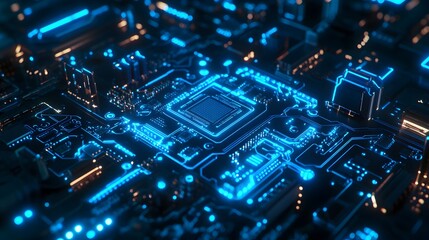 Obraz premium Cyberpunk circuit board, AI chip, blue neon glow, intricate microprocessor details, futuristic technology, electric blue highlights, depth of field, dark background.