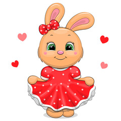 Fototapeta premium Cute cartoon baby rabbit in red dress. Vector illustration of animal isolated on white.