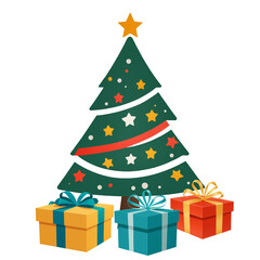 Fototapeta premium green decorated Christmas fir tree as symbol as icon, isolated, a yellow star, red banner, flat style christmas gifts