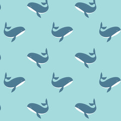 Fototapeta premium Pattern with blue whales on a blue background. Vector illustration