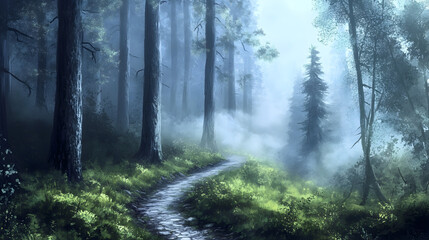 Obraz premium Misty Forest Path with Towering Trees - A visual of a narrow path winding through a misty forest, with towering trees on either side and a soft fog rolling in
