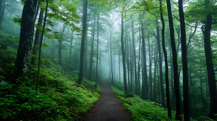 Obraz premium Misty Forest Path with Towering Trees - 