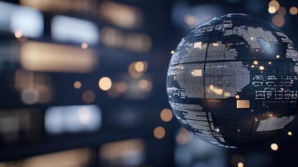 Fototapeta premium Multiple screens showcase a variety of digital media content against a dark blue backdrop, featuring an earth globe and a central space for text
