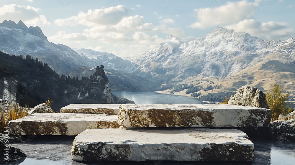 Aufkleber 3D Rendering of Stone Slabs with Rough Textures Against a Mountain Landscape
