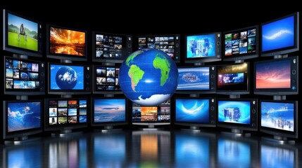 Multiple screens showcase news, entertainment, and technology content set against a visually striking blue gradient backdrop