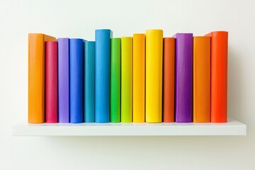 Naklejka premium A stack of perfectly aligned rainbow-colored books on a white shelf. 