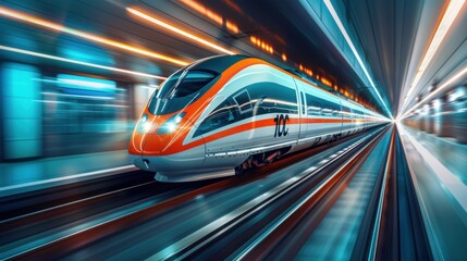 Fototapeta premium High-speed train traveling through an illuminated tunnel.