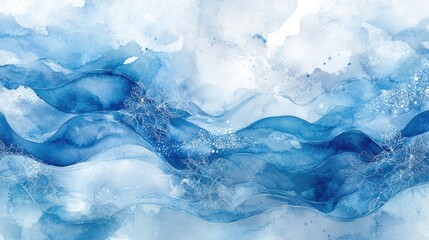 Abstract watercolor waves in shades of blue, accented with floral fractals and geometric lines, creating a visually stunning and artistic pattern.