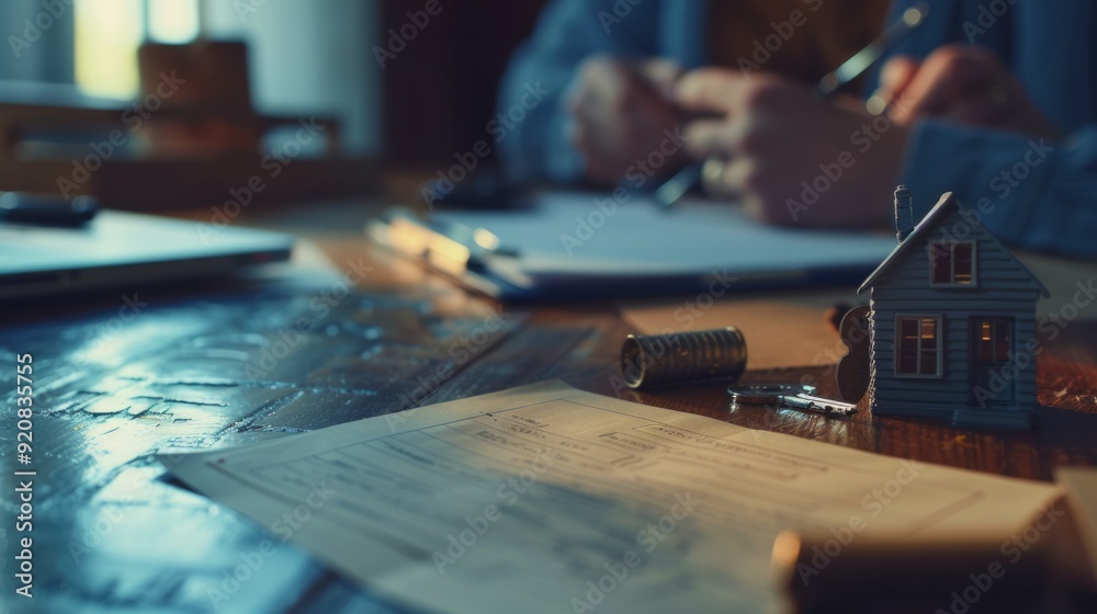Poster a person is sitting at a desk with a house model on the table