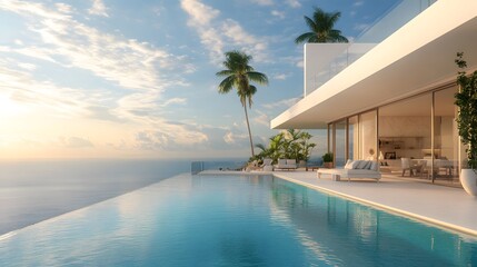 Fototapeta premium Luxurious Mediterranean villa, infinity pool overlooking ocean, pristine white architecture, azure blue sky with fluffy white clouds, palm trees, panoramic sea view, sunlit terrace, modern outdoor fur