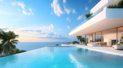 Fototapeta premium Luxurious Mediterranean villa, infinity pool overlooking ocean, pristine white architecture, azure blue sky with fluffy white clouds, palm trees, panoramic sea view, sunlit terrace, modern outdoor fur