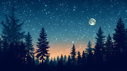 Naklejka premium Nighttime Forest with a Starry Sky - An illustration of a forest at night, where the silhouettes of trees stand against a sky full of stars, with moonlight casting a soft glow