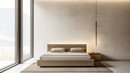 Fototapeta premium Modern luxury bedroom interiors with an elegant bed next to a large window.Residential Real Estate interiors in minimalist style.