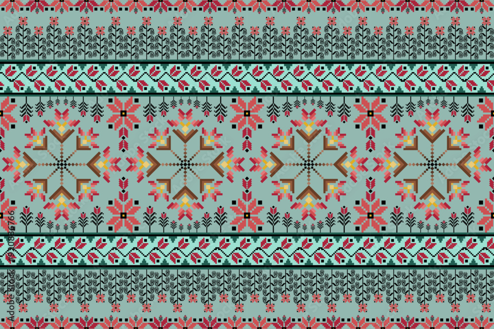 Wall mural Ethnic geometric and ethnic oriental pixel pattern design. Red and pink flowers with flowers garden on top. Ethnic pixel pattern. Seamless pattern, wallpaper, textile, motifs, clothing, aztec, fabric.