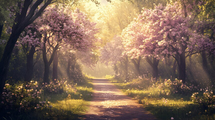 Pathway Through a Forest of Blooming Trees - An illustration of a peaceful forest path lined with trees covered in fresh spring blossoms, dappled in warm sunlight