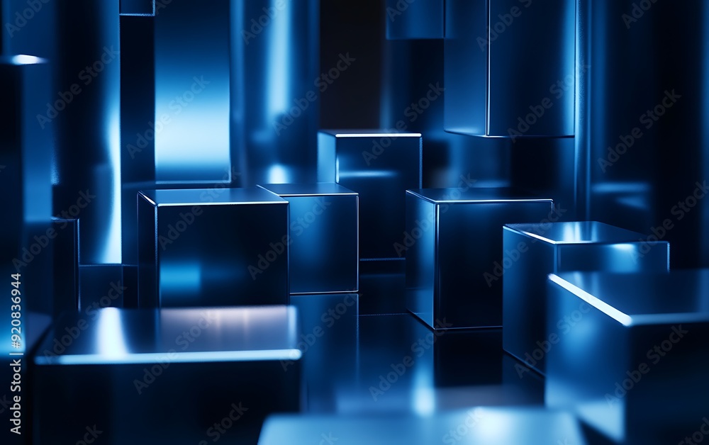 Poster 3D Illustration of Smooth Metal Cubes with Brushed Surfaces in Dynamic Composition