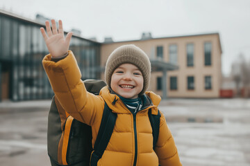 Obraz premium A smiling child in a warm coat and hat waving while standing outside a modern school building, capturing the excitement of a new school day during winter.