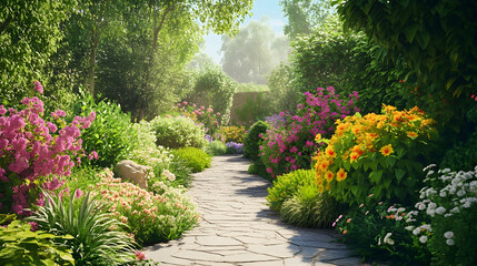 Fototapeta premium Picturesque Garden with a Variety of Plants and Blooming Flowers
