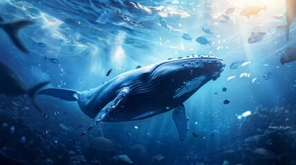 Fototapeta premium A whale swimming underwater, with rays of sunlight shining through the water surface. Whale in the deep blue ocean