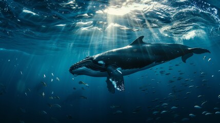 Fototapeta premium A whale swimming underwater, with rays of sunlight shining through the water surface. Whale in the deep blue ocean