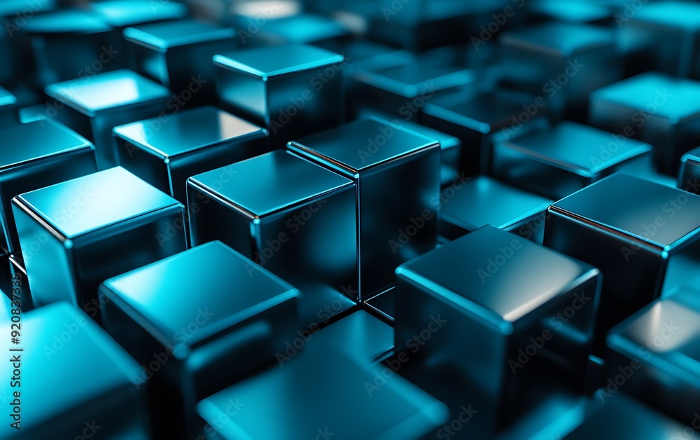 Poster 3d illustration of smooth metal cubes with brushed surfaces in dynamic composition
