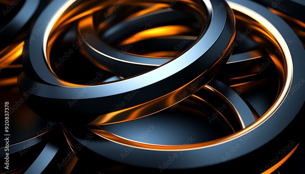 Poster 3d illustration of black and gold interlocking rings floating in a void