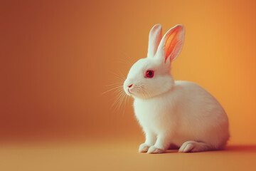 Obraz premium White rabbit with pink ears and red eyes sitting against a warm orange background, offering a clean and minimalistic design, perfect for copy space use.