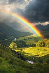 A vibrant rainbow emerging from dark clouds over a lush, green valley. 