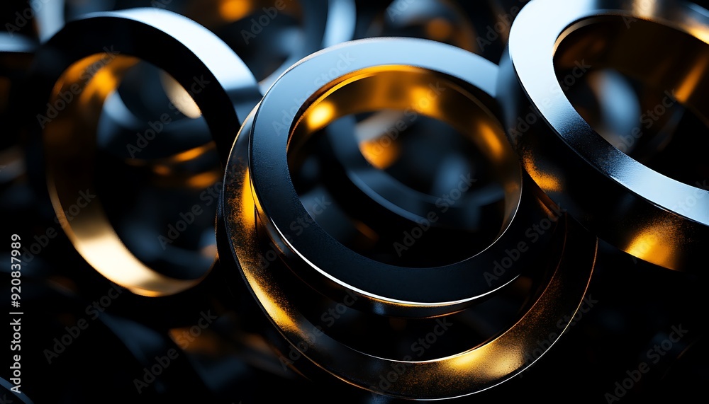 Poster 3d illustration of black and gold interlocking rings floating in a void