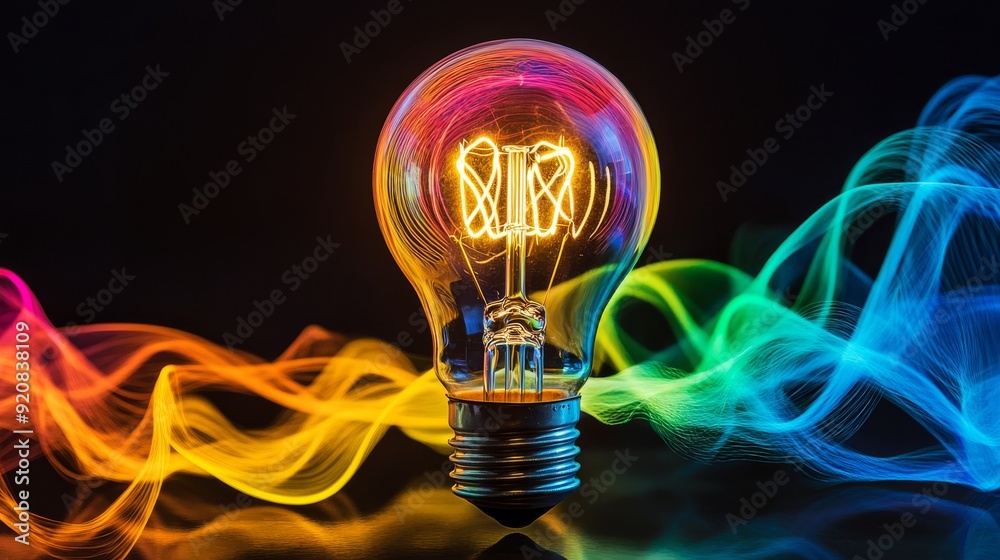 Wall mural a light bulb with colorful waveforms around it, representing the flow of ideas in business