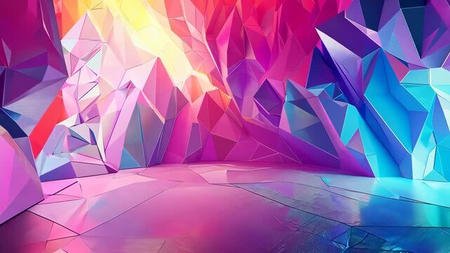 Neon-lit crystal cavern with vibrant abstract design
