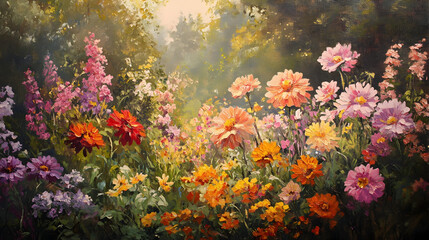 Radiant Garden Filled with Blooming Flowers - An oil painting illustration of a radiant garden bursting with colorful flowers in full bloom, with dappled sunlight enhancing the scene