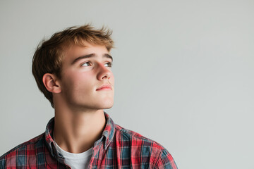 Obraz premium A young man in a plaid shirt looking thoughtfully to the side, representing contemplation, youth, and casual fashion in a minimalistic setting.