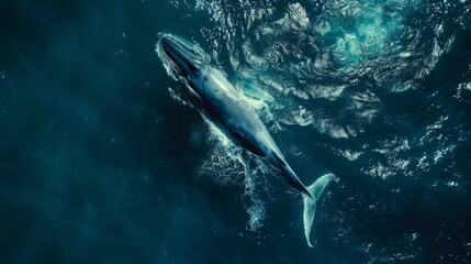 Fototapeta premium A majestic blue whale gliding through the deep blue ocean, its massive form and distinctive tail fin visible.