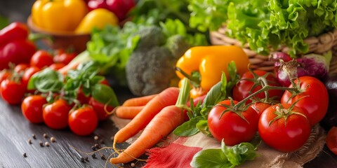 A colorful assortment of fresh vegetables, such as tomatoes, carrots, broccoli, and leafy greens, on a wooden surface.