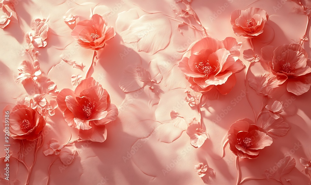 Poster 3d illustration of a smooth pink surface with raised red floral patterns