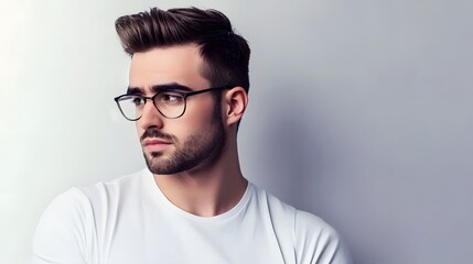 Obraz premium Young man with beard and glasses looking away.