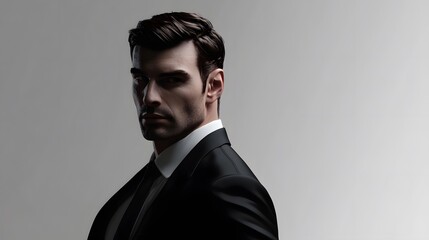 Obraz premium A man in a suit looks over his shoulder with a serious expression.