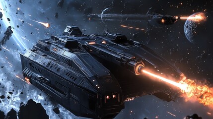 Naklejka premium A futuristic spaceship glides through space, navigating asteroids and engaging in a stellar battle, showcasing advanced technology.