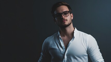 Young man in a white shirt and glasses, against a dark background.
