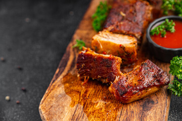 pork ribs fried meat grilled barbecue tasty fresh meal food snack on the table copy space food background rustic top view
