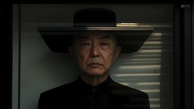 Thoughtful Elderly Asian Man in Formal Attire Gazing Intently Through Window