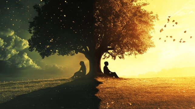 A joyful person laughing in a sunlit park beside a sad person sitting alone under a dark tree symbolizing contrasting emotions