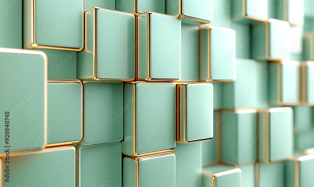 Poster 3d illustration of light green cubes with gold edges in a staggered pattern