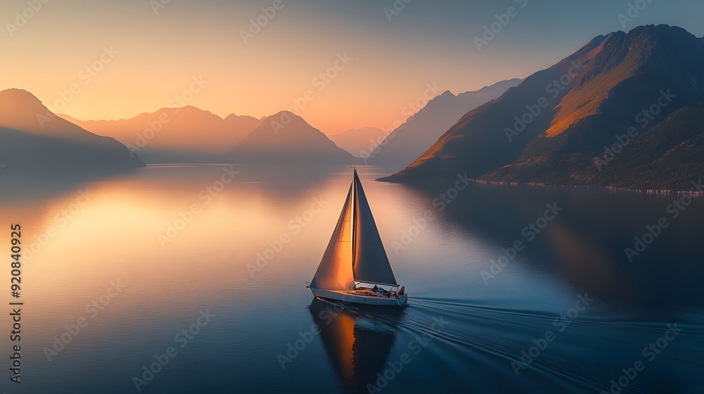 Sticker Sailboat at dawn, bright morning light, calm sea, golden sunlight on sails, coastal mountains, clear sky, aerial view, crystal clear water, tranquil atmosphere, yacht adventure.